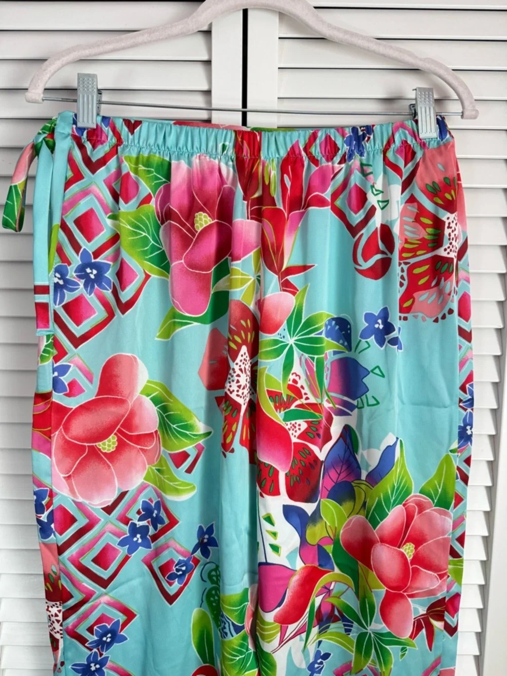 Tropical Floral Satin Pajama Set in Aqua & Pink